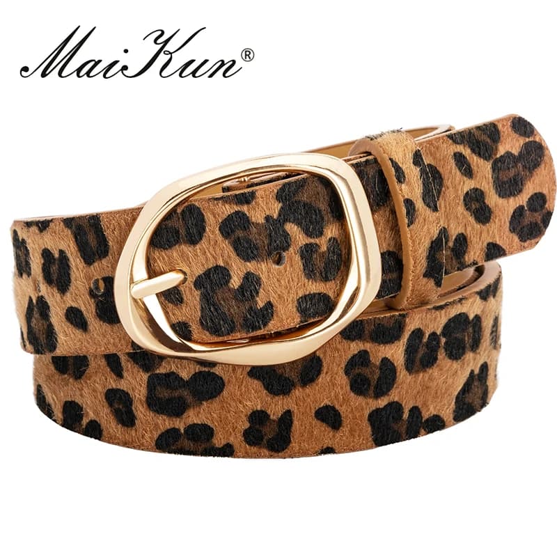 Maikun Nuova cintura da donna leopardata Cintura con fibbia ad ardiglione in lega irregolare dorata Cintura versatile in PU con larghezza 3,7 cm
