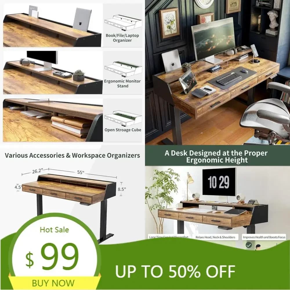Adjustable height desk with storage drawers, sit-stand work station from 55"x26", desk with monitor shelf for ergonomic use