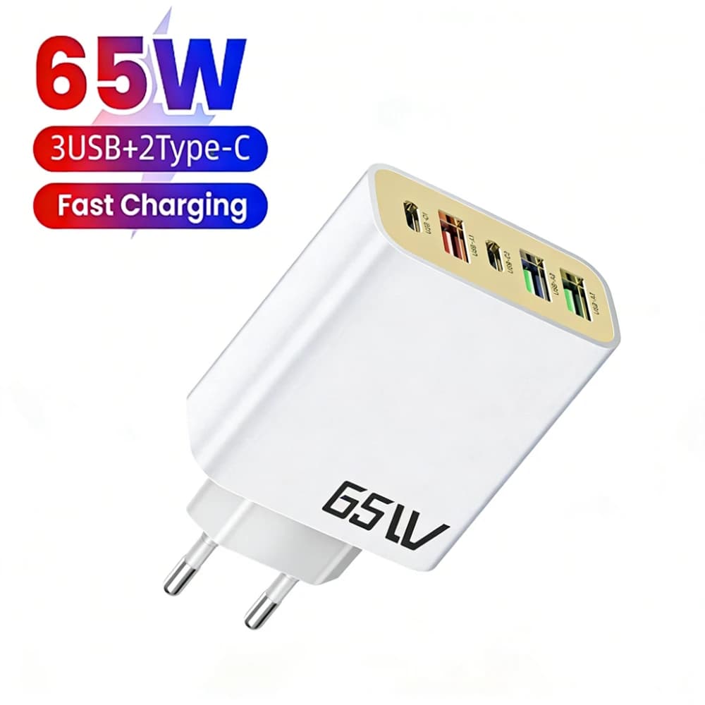 Caricatore USB PD 65W 5 in 1 con ricarica rapida di tipo C per iPhone, Samsung, Xiaomi, Huawei, adattatore da parete con spina EU/US/UK
