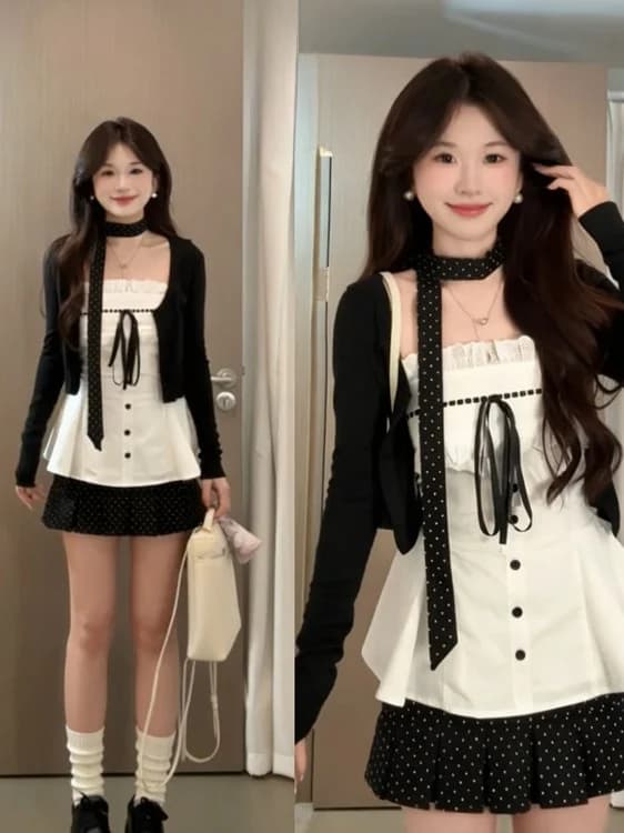 Spring Summer Knitted Sash Open Cardigan Jacket with Ruffle Knot Strap Top And Polka Dot Short Skirt Set for Women