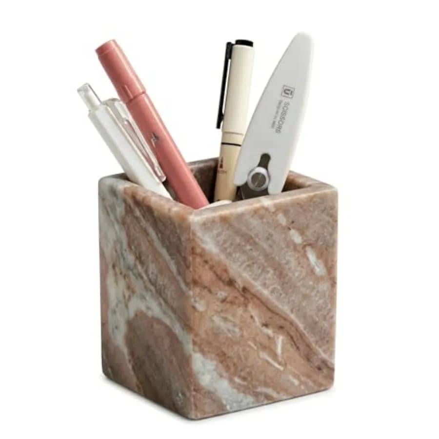 Portapenne in marmo naturale, organizer da scrivania quadrato da 2,95 x 3,74 pollici, porta spazzolino in marmo, porta pennelli per trucco, portaoggetti decorativo