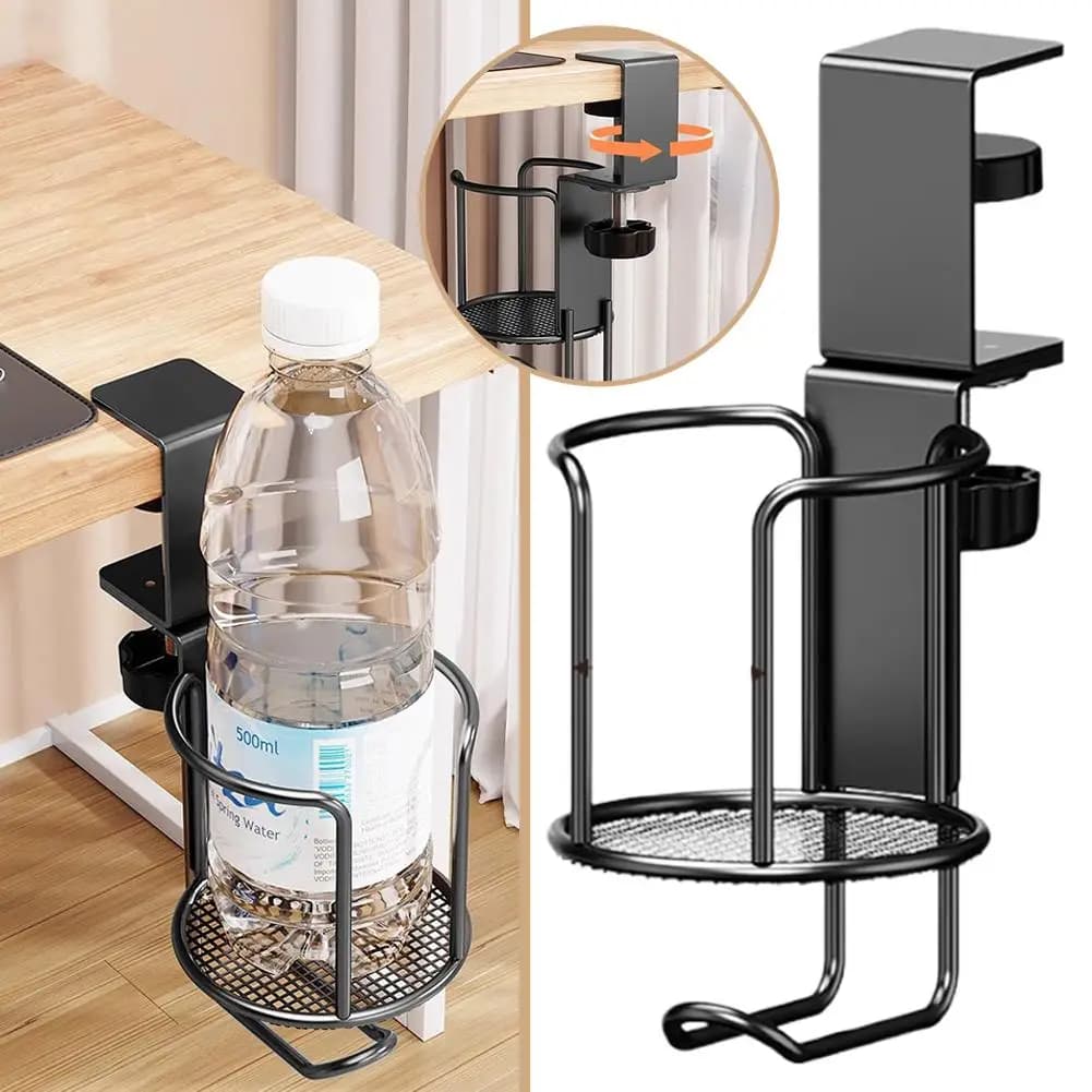Portabicchieri da scrivania 2 in 1 con supporto per gancio per cuffie, gancio per tazza da tavolo con clip anti-fuoriuscita con 360 ° Portabicchieri anticaduta con rotazione