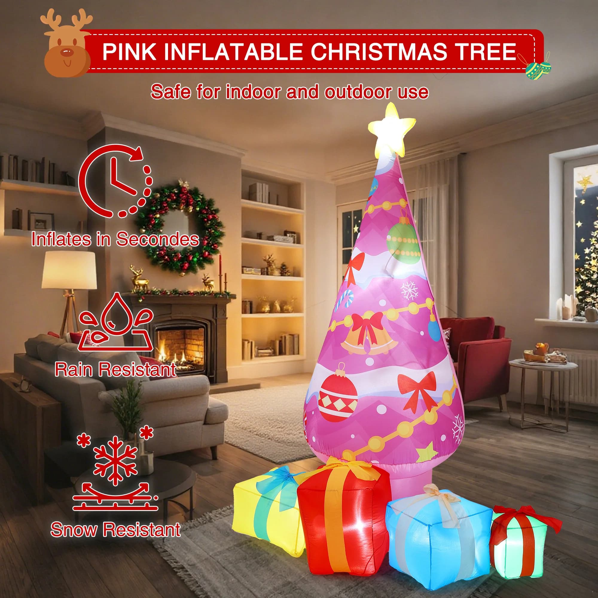 7FT LED Lights Pink Christmas Tree Design Inflatable Christmas Gift Box Decoration with Outdoor Holiday Yard Decor for Garden Patio Lawn Durable Polyester Air Model