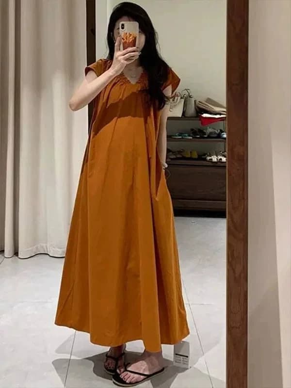 plus Size V-Neck Short Sleeve Dress Women Summer Loose Meat Covering Casual Long Dress Commute Style Polyester Fiber A-Line S...