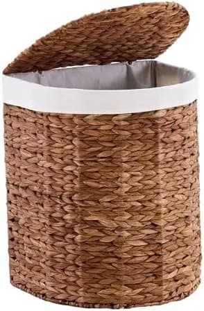 Water Hyacinth Laundry Hamper with lid, Half Moon Shape with 2 Removable Cloth Bags, Handwoven Boho Wicker Basket for