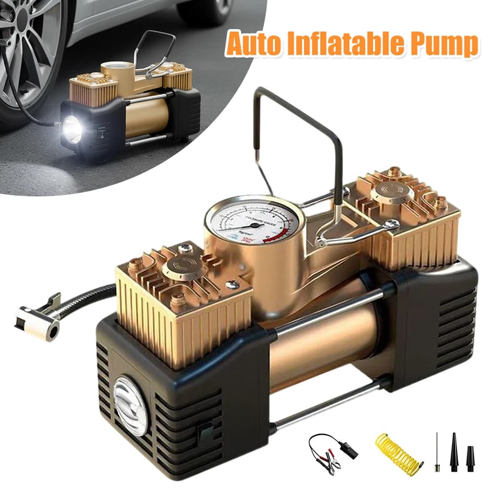 Compressore d'Aria Portatile 12V a Doppio Cilindro con Luce LED, Gonfiatore Pneumatici Auto in Metallo 150PSI, Mini Compressore per Auto, Biciclette e Moto
