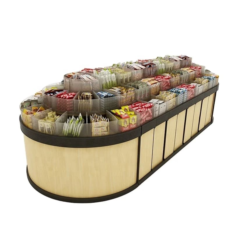 Espositori per supermercati in legno a basso costo per snack, dolci e frutta secca sfusa