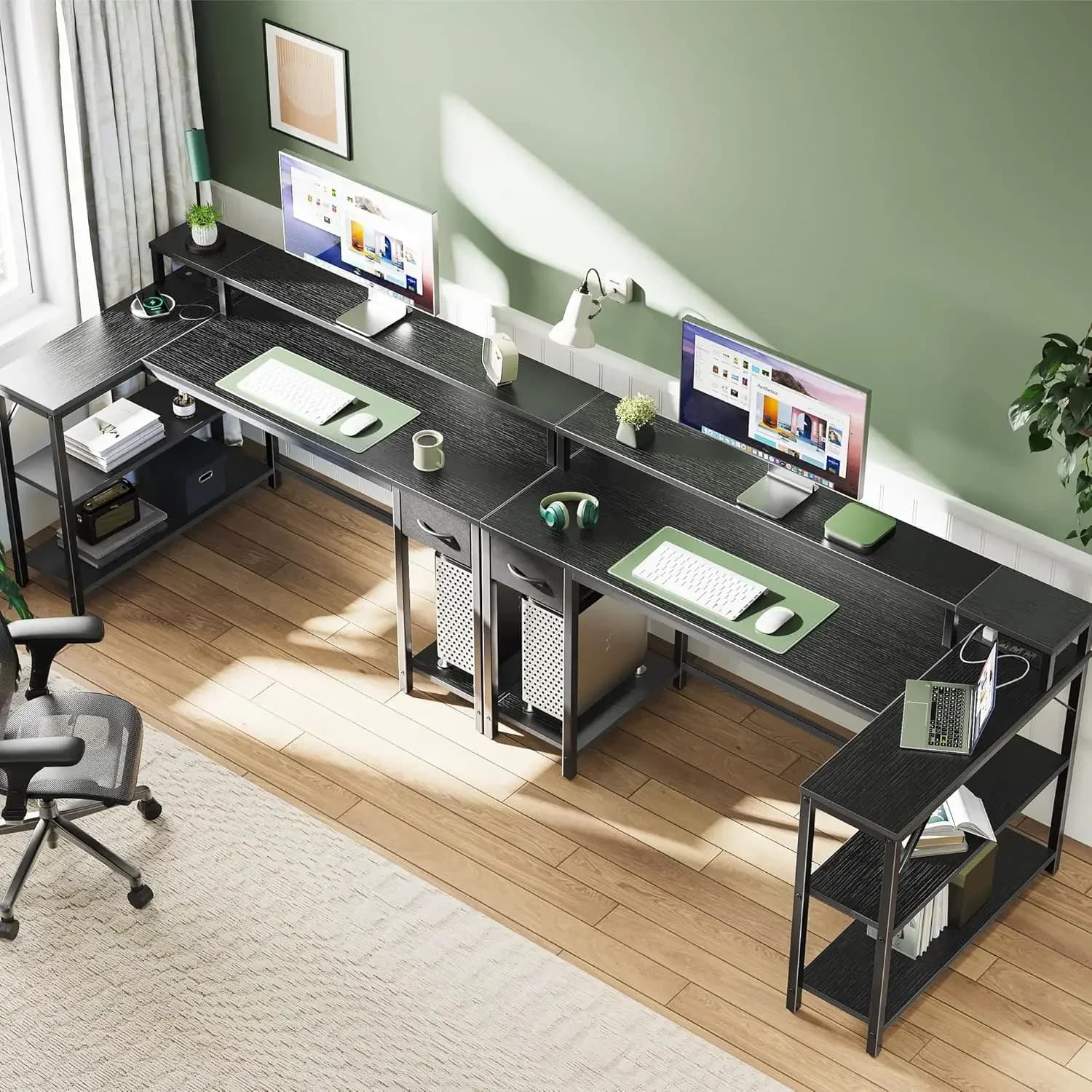 53 inch L Shaped Gaming Desk with LED Lights & Power Outlets, Reversible Computer Desk with Shelves & Monitor Stand, Corner Desk