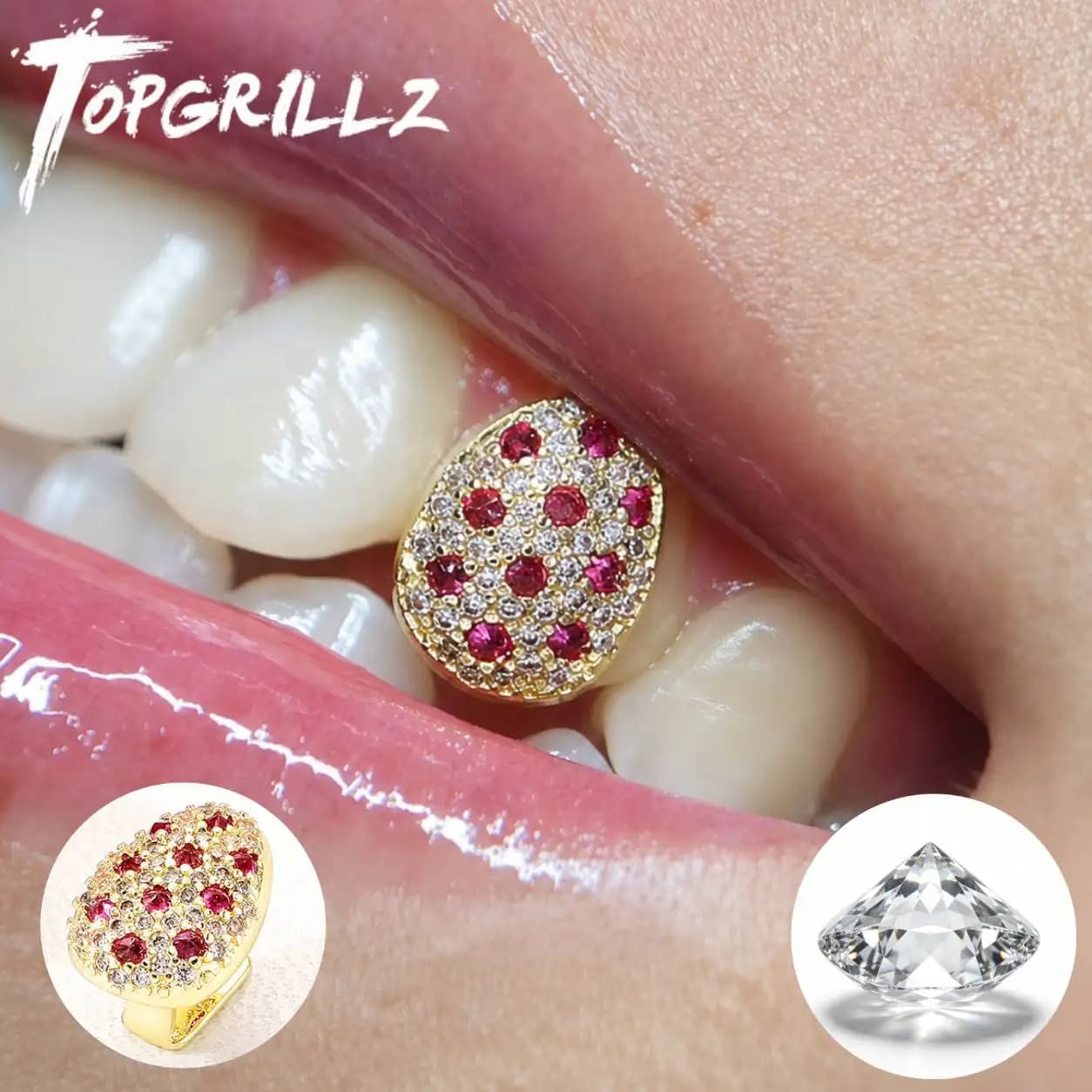 TOPGRILLZ Mixed Pink & Clear CZ Oval Single Tooth Grillz Inverted Pink Stone Iced Out Hip Hop Tooth Cap with Beads Men Women
