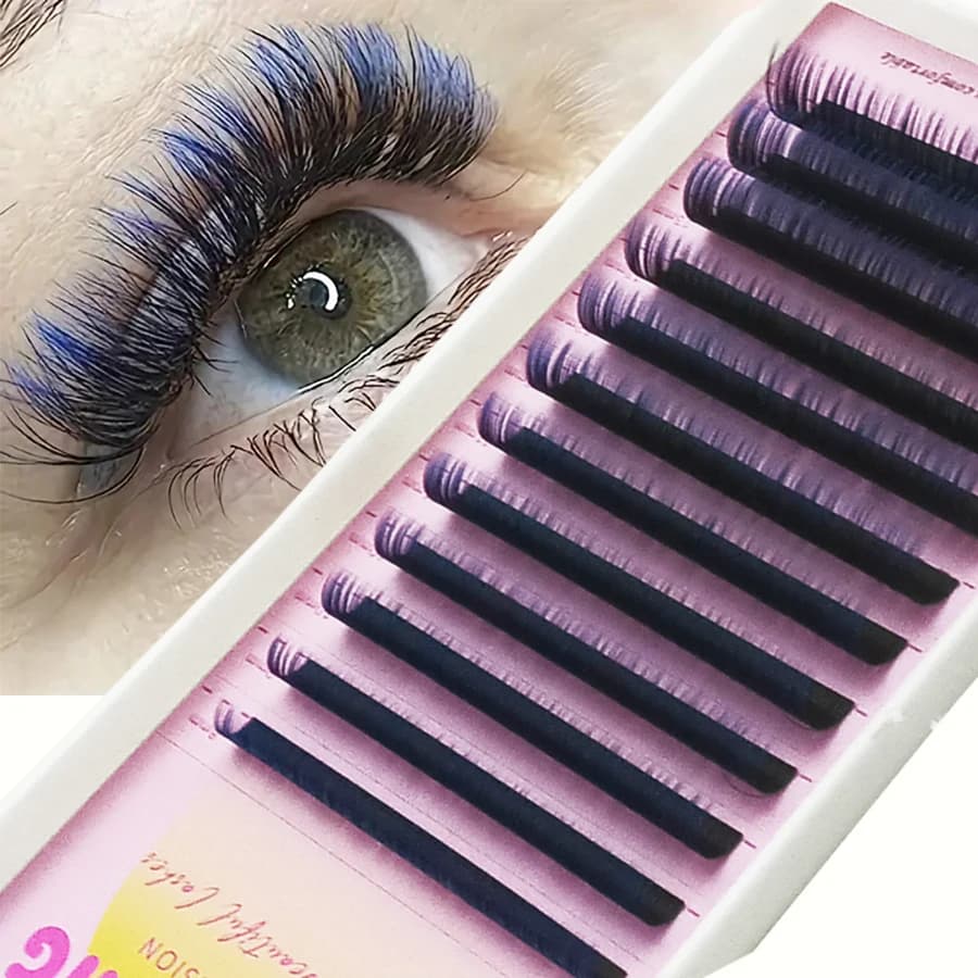 Ciglia Colorate YY Blu | Ciglia Preformate Effetto Mango Eye, Curvatura D, Voluminose, 12 File Lunghezze Miste