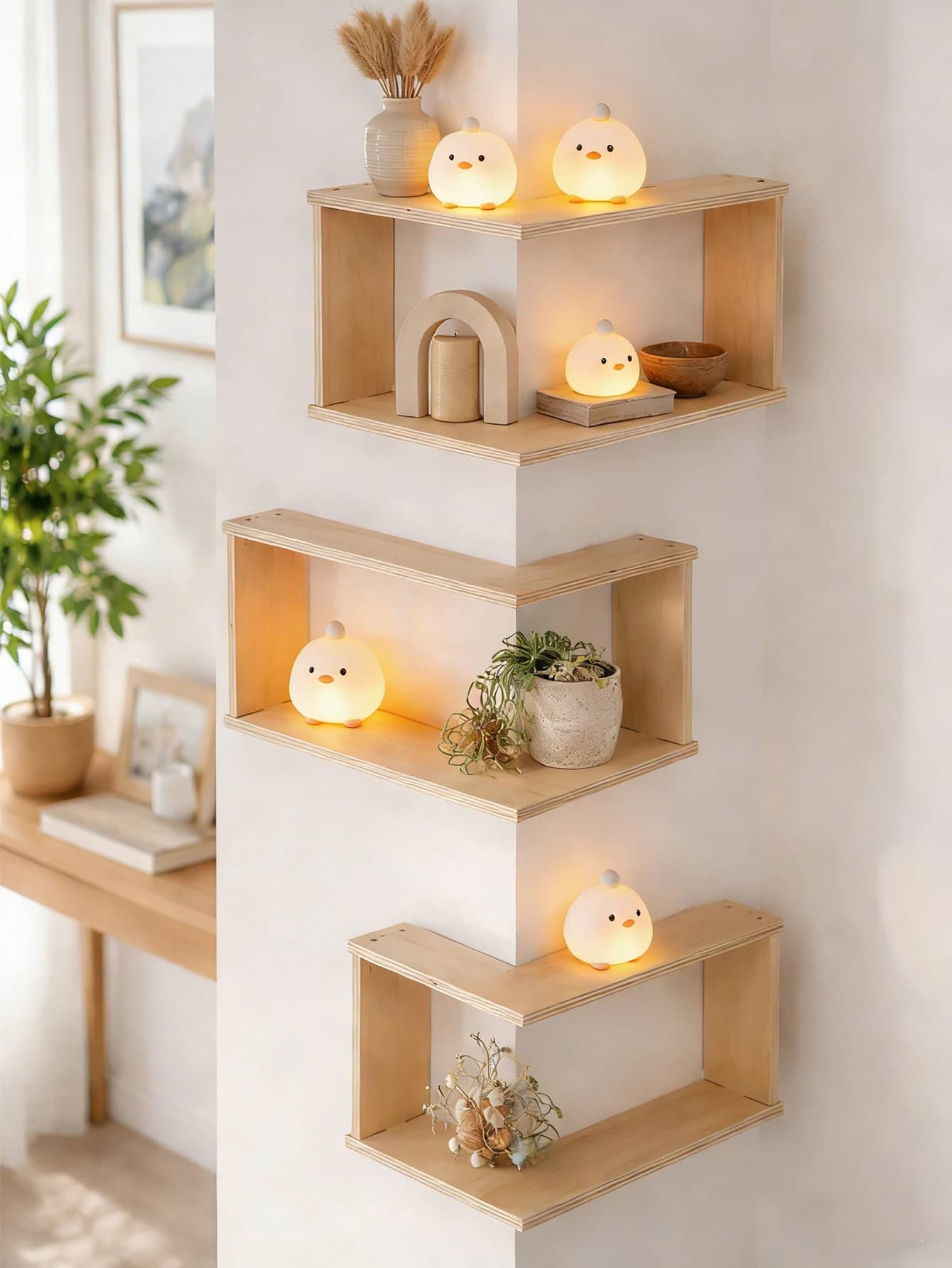 Corner Floating Wooden Shelves Wall Mounted Storage Rack for Living Room Bedroom Home Organizer for Plant & Ornament Art Display
