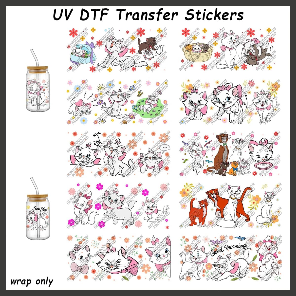 Retro Cartoon Cat Tumbler Glass Wrap Decals Easy to Apply White Kitten with Pink Bow Libbey Glass Transfer Stickers DIY Decal