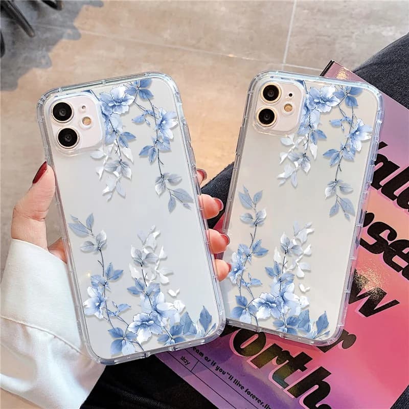 Blue flower transparent phone case for iPhone 15 Pro Max 17 Air 17 Pro 14 iPhone 16 12 13 11 Funda shockproof silicone case