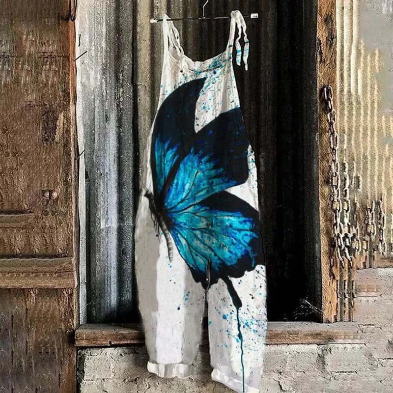 Wide Leg Loose Jumpsuit Women's Casual Vintage Butterfly Print Adjustable Straps Jumpsuit Jumpsuit Overall Jumpsuit Women's