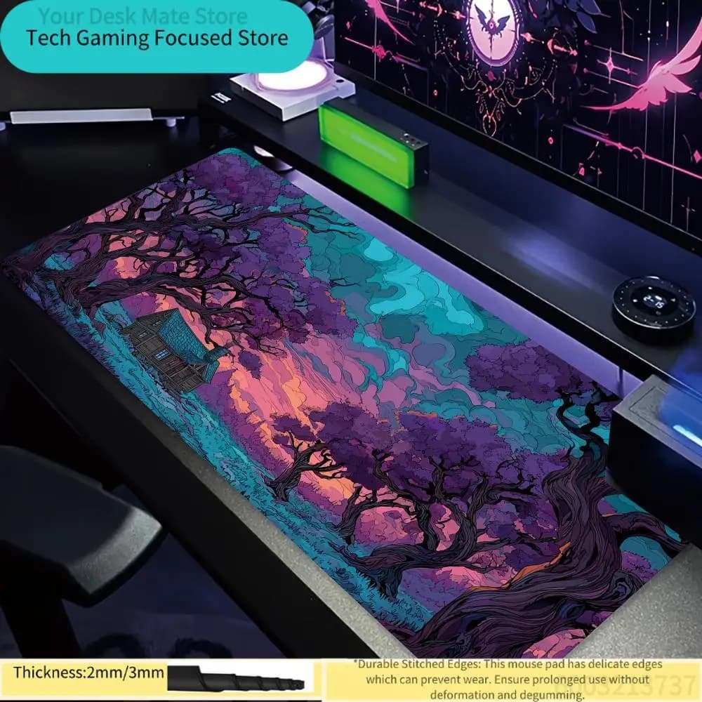 Tappetino per mouse con stampa foresta al tramonto psichedelica, 1 pezzo, con bordi cuciti, antiscivolo, per gaming e ufficio