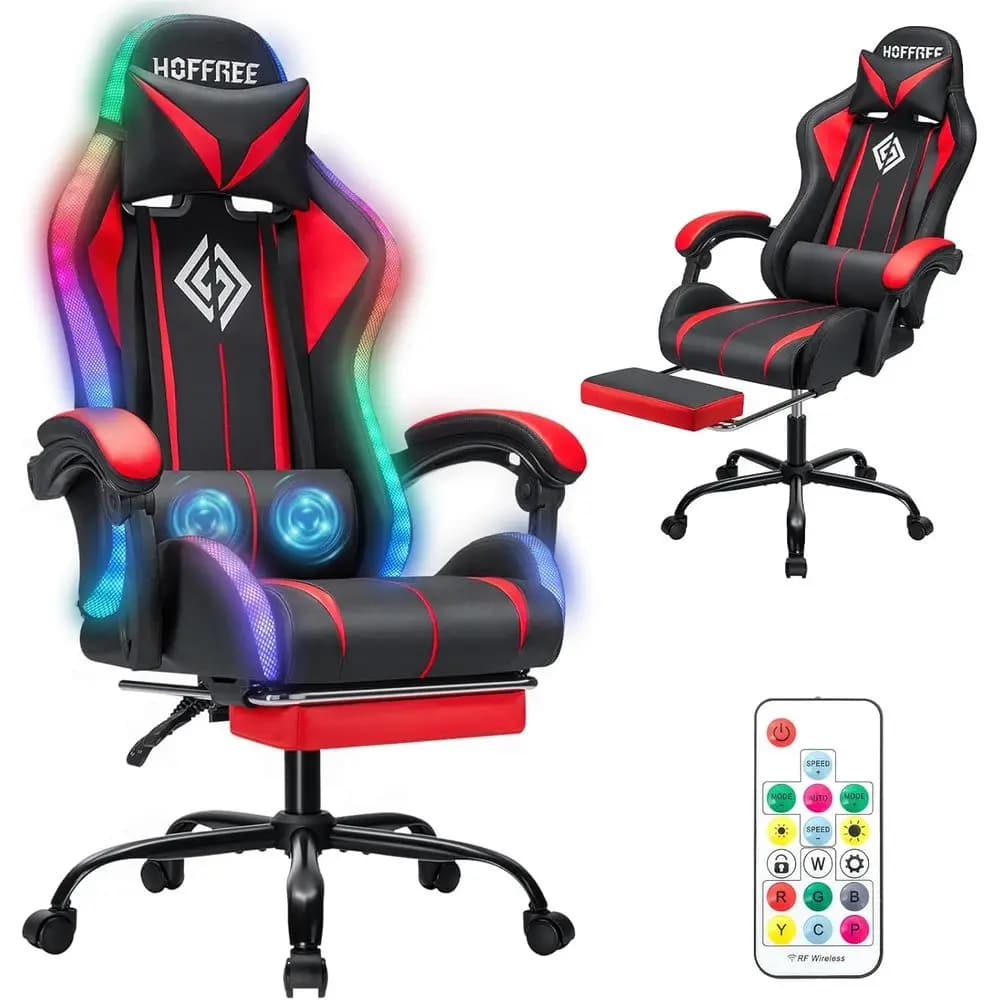 Sedia da Gaming Ergonomica con Schienale Alto, Luci LED RGB, Supporto Lombare Regolabile e Braccioli Collegati in Rosso e Nero