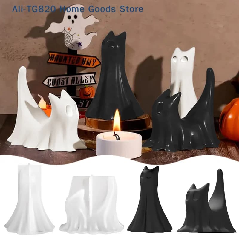 Stampo in silicone a forma di gatto fantasma di Halloween [TG820] per candele fai da te, gesso, resina, decorazioni di Halloween e per aromaterapia