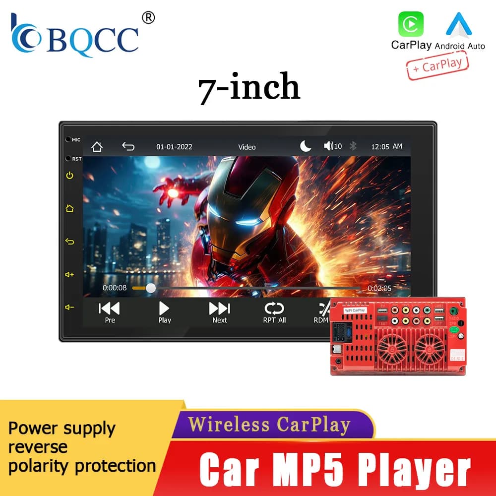 BQCC 7" Car MP5 Player Wireless CarPlay FM AM RDS BT Reverse Camera Anti‑Reverse USB Charge