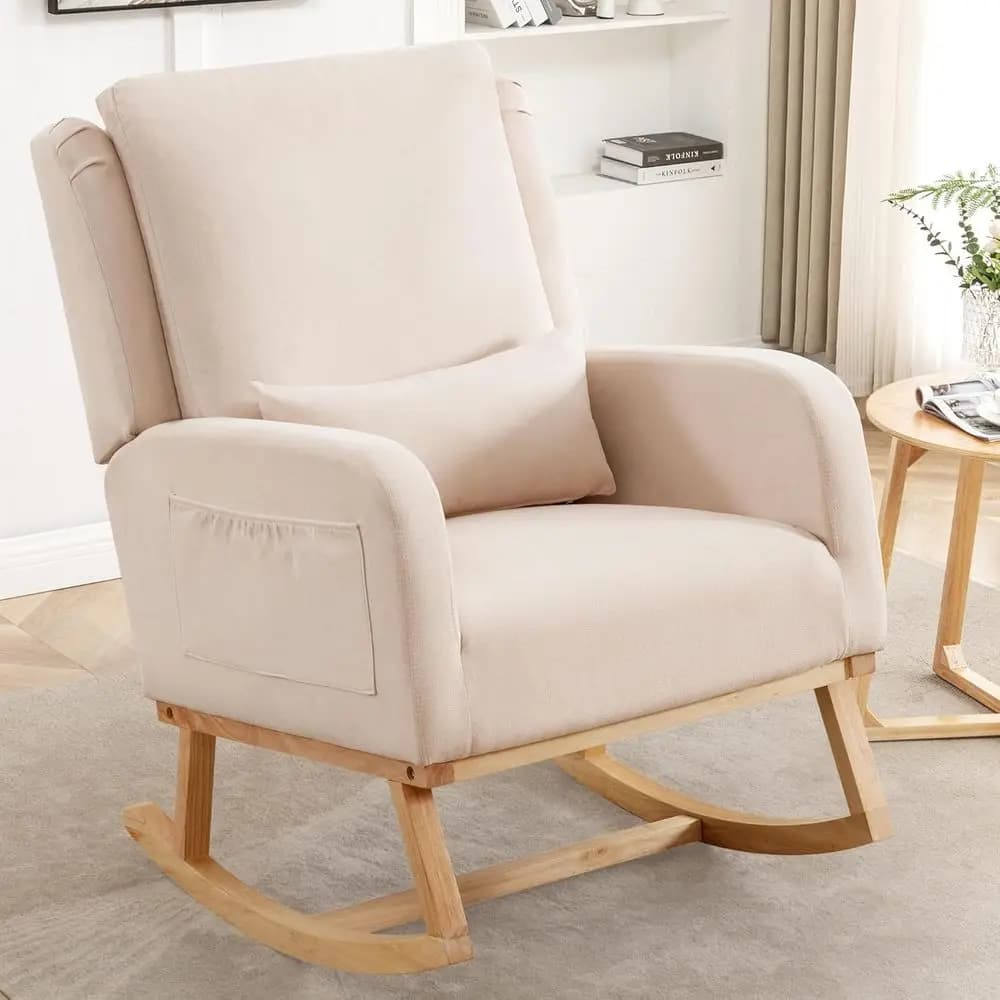 Poltrona a dondolo per cameretta con cuscino lombare, sedia moderna per la cameretta della mamma, soggiorno, camera da letto, beige