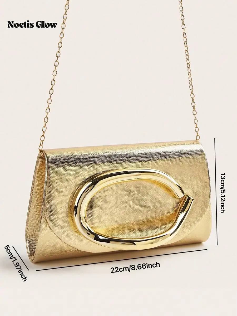 Elegante borsa clutch in PU dorato con decorazione ad anello in metallo per donna, per serate, feste e matrimoni