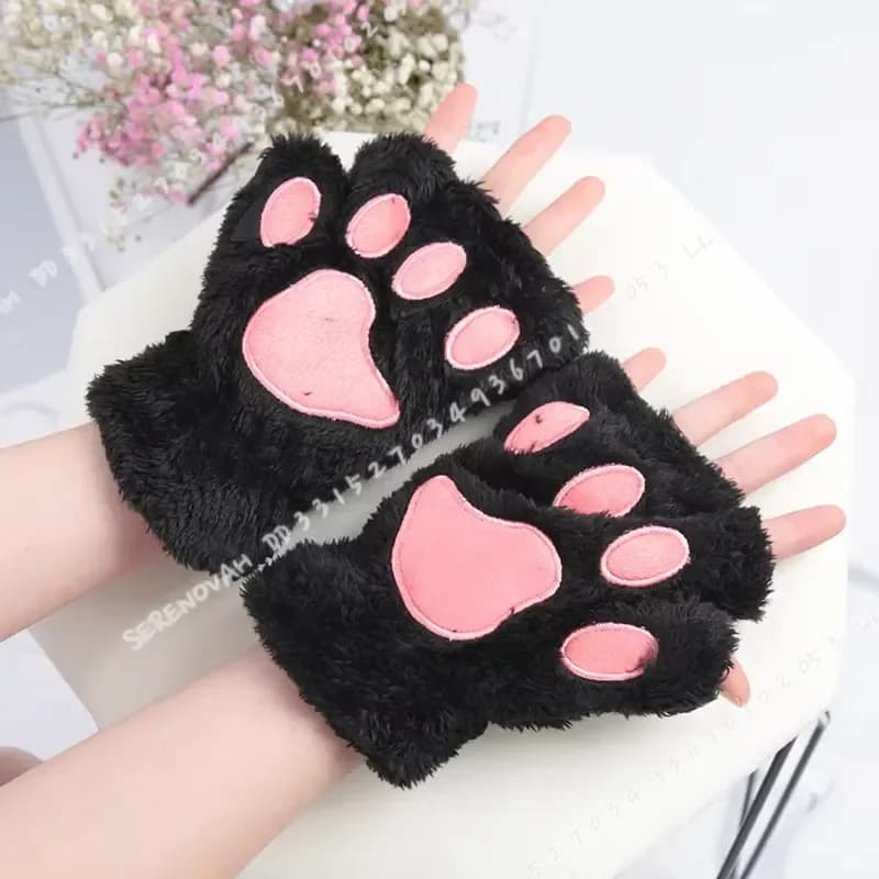 New Kawaii Women Warm Cat Gloves Fashion Girls Cat Claw Paw Plush Soft Plush Short Fingerless Half Finger Winter