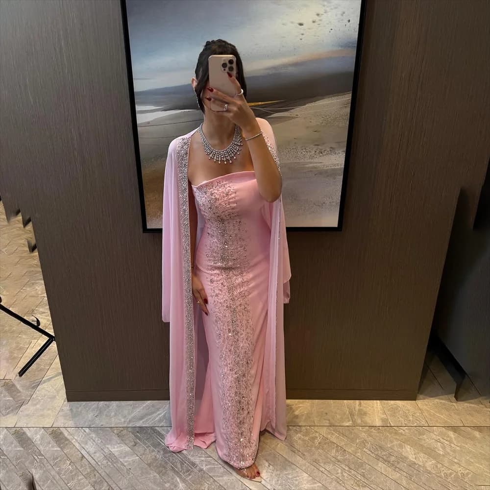 Luxury Dubai Evening Dress Cap Sleeves Crystal Bead Exquisite Prom Gown Pink Strapless Mermaid Formal Party Dresses Customized