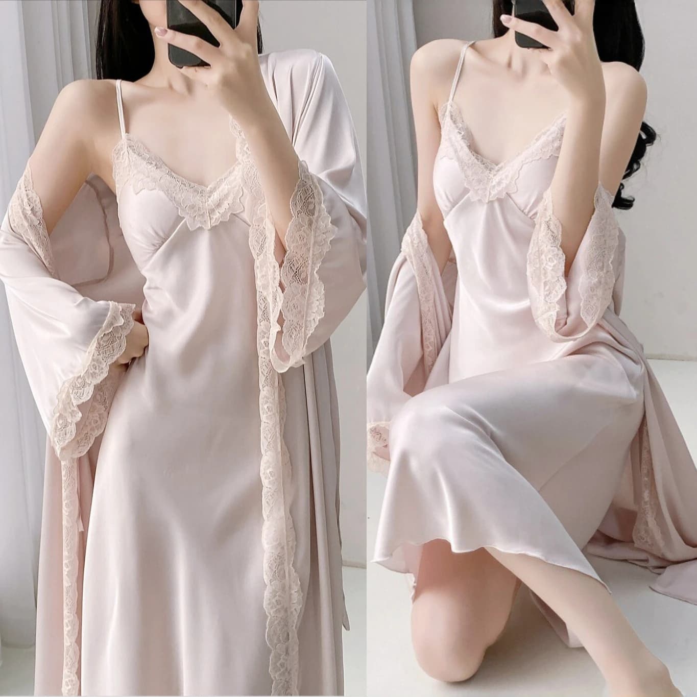 Women 2PCS Robe Set Spring Summer Silky Satin Kimono Bathrobe Gown Suit Lace Nightgown Sleepwear Home Dress Loungewear