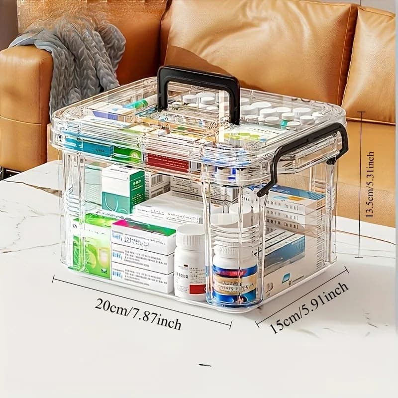 1pc Waterproof Medicine Organizer Box, Double Layer Stackable, PVC Pill Vitamin First Aid Storage for Home, Dustproof Lid