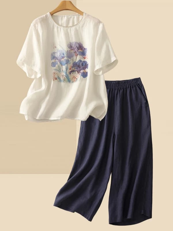 Women's Cotton Linen Short Sleeve T-Shirt Casual Loose Summer Top Set Mid-aged Mom's Summer Wear Breathable Comfortable Fit