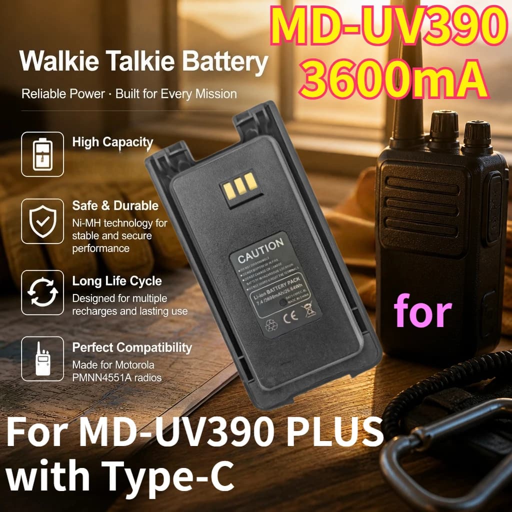 High Quality Walkie Talkie Batteries with Type-C 7.4V 3600mAh Battery for MD-UV390 PLUS Replace Rechargeable Lithium Battery
