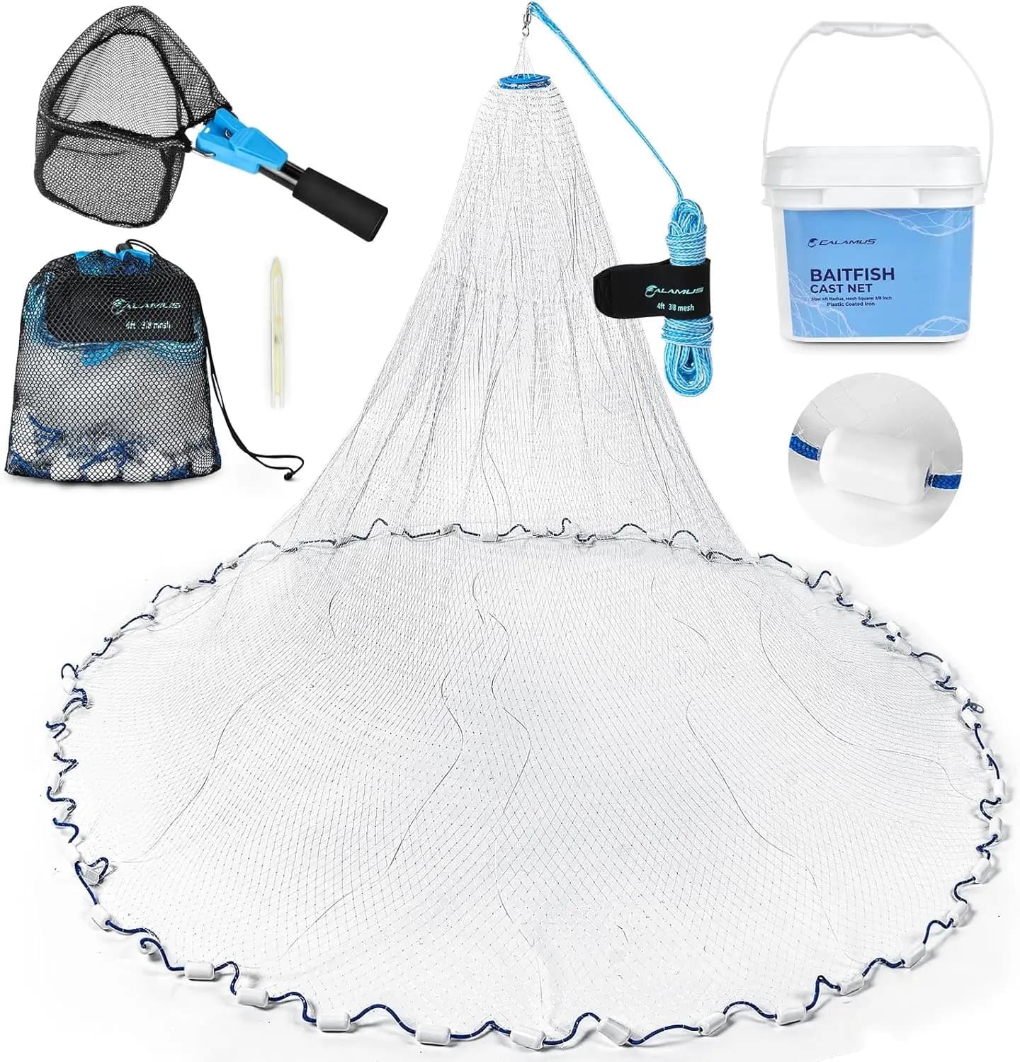 Rete da Pesca a Maglie da 3/8" per Acqua Dolce e Salata, Raggio 3-6 Piedi con Lenza di Affondamento Rinforzata, Borsa per il Trasporto, Secchio e Kit di Riparazione
