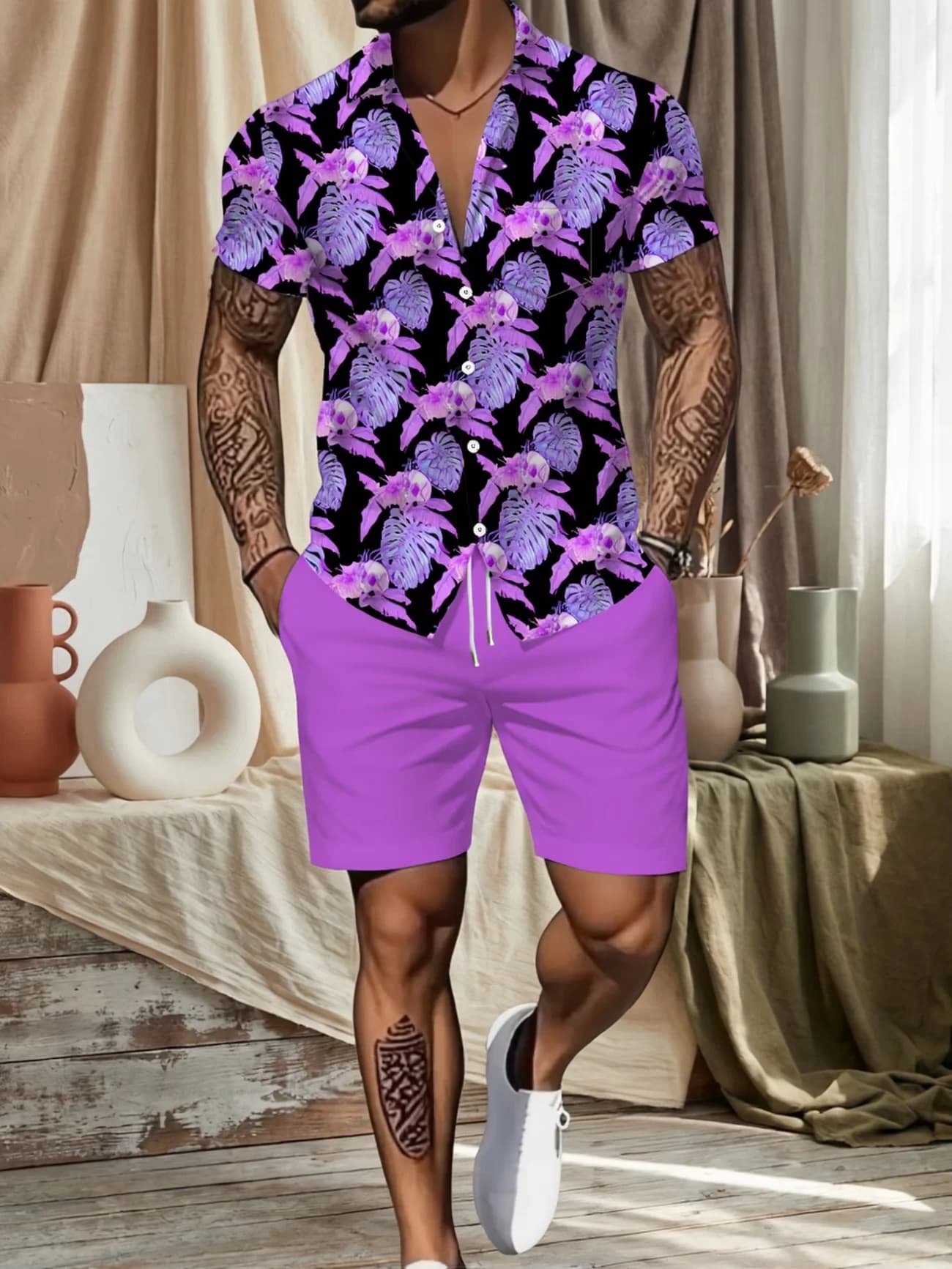 Completo da Uomo 2 Pezzi 2026: Camicia Hawaiana e Pantaloncini con Stampa Teschio Tropicale, Oversize Casual per Vacanze Estive in Spiaggia