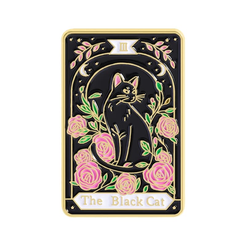 Carta dei tarocchi Il gatto nero Spille smaltate Gatto nero personalizzato Spille con fiori rosa Zaino Distintivo da bavero Gioielli punk Regalo per gli amici