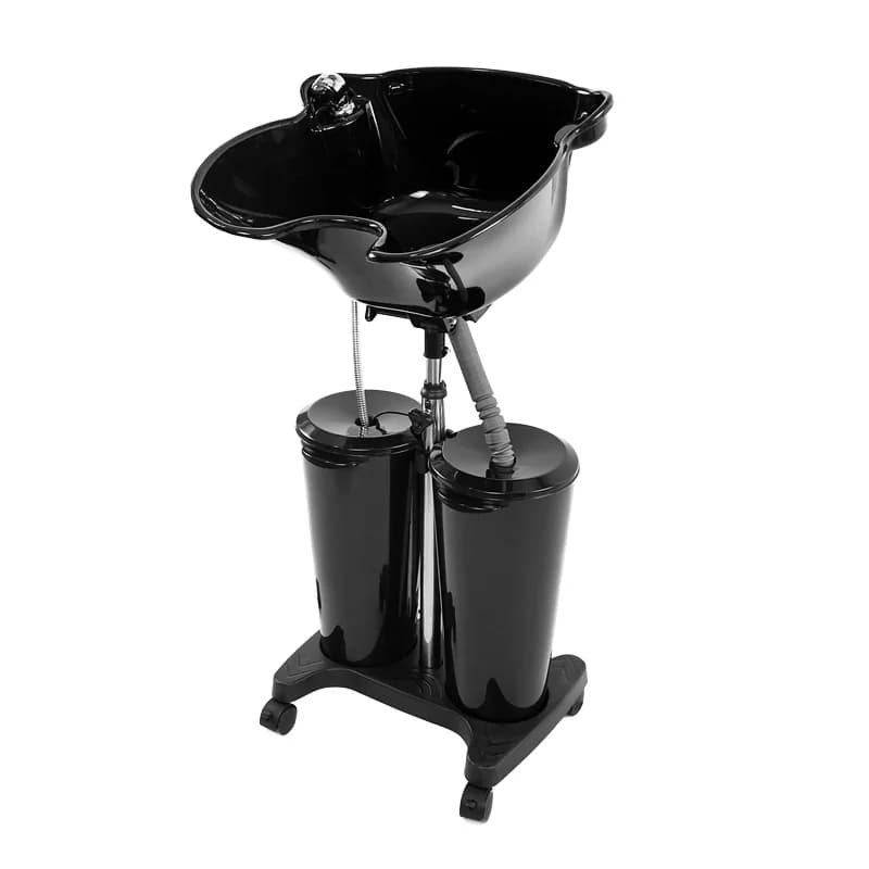 Lavabo Tradizionale Nero per Capelli, Grande Ciotola in Plastica per Shampoo, Sedia con Poggiapiedi Pieghevole, Lavabo Portatile per Shampoo
