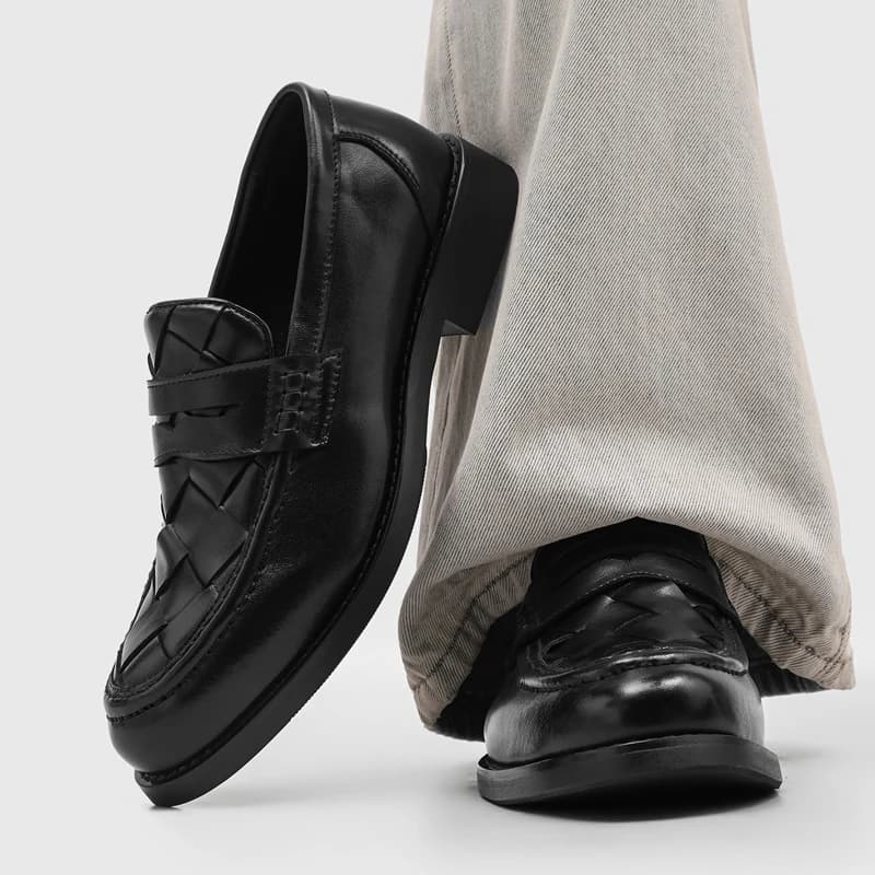 Men handmade woven penny loafers black low heeled formal wear retro office casual walking shoes daily running shoes