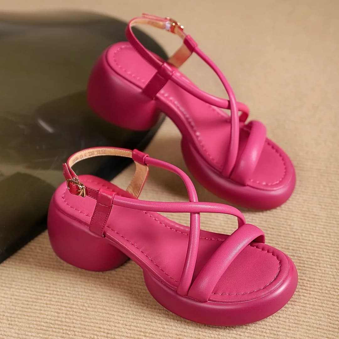 Women's genuine leather chunky heel platform high heel sandals narrow band cross strap casual female summer punk daily shoes hot