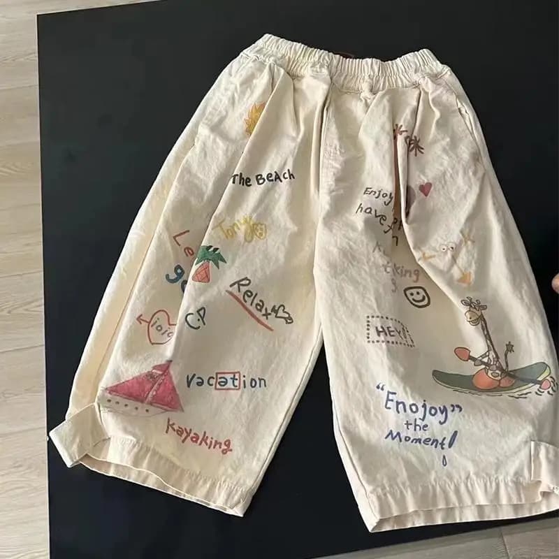 Pantaloni dritti con lettera in cotone per neonato estivo Pantaloni antizanzare casual per ragazze simpatico cartone animato Pantaloni larghi sottili per bambini coreani 1-8 anni