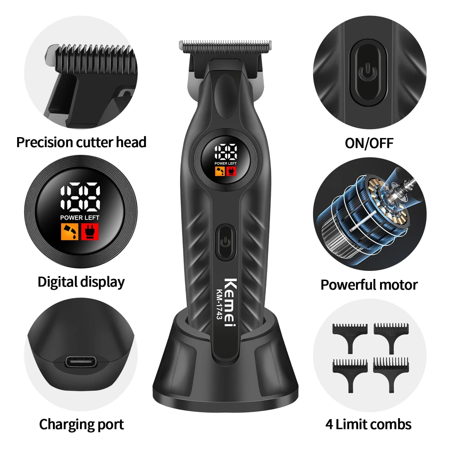 KEMEI 1743 Professional haircut for men, wireless haircuts, electric haircut with T Zero Gap blade, rechargeable via USB