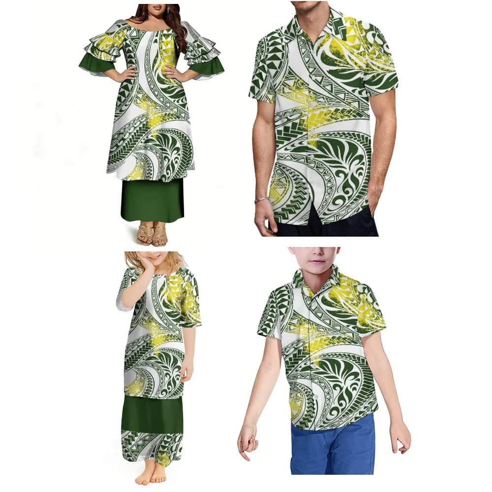 Completo Puletasi in Stile Polinesiano Personalizzato in Tessuto Confortevole e Morbido per Famiglie: Gonna per Donna e Camicia Casual per Uomo