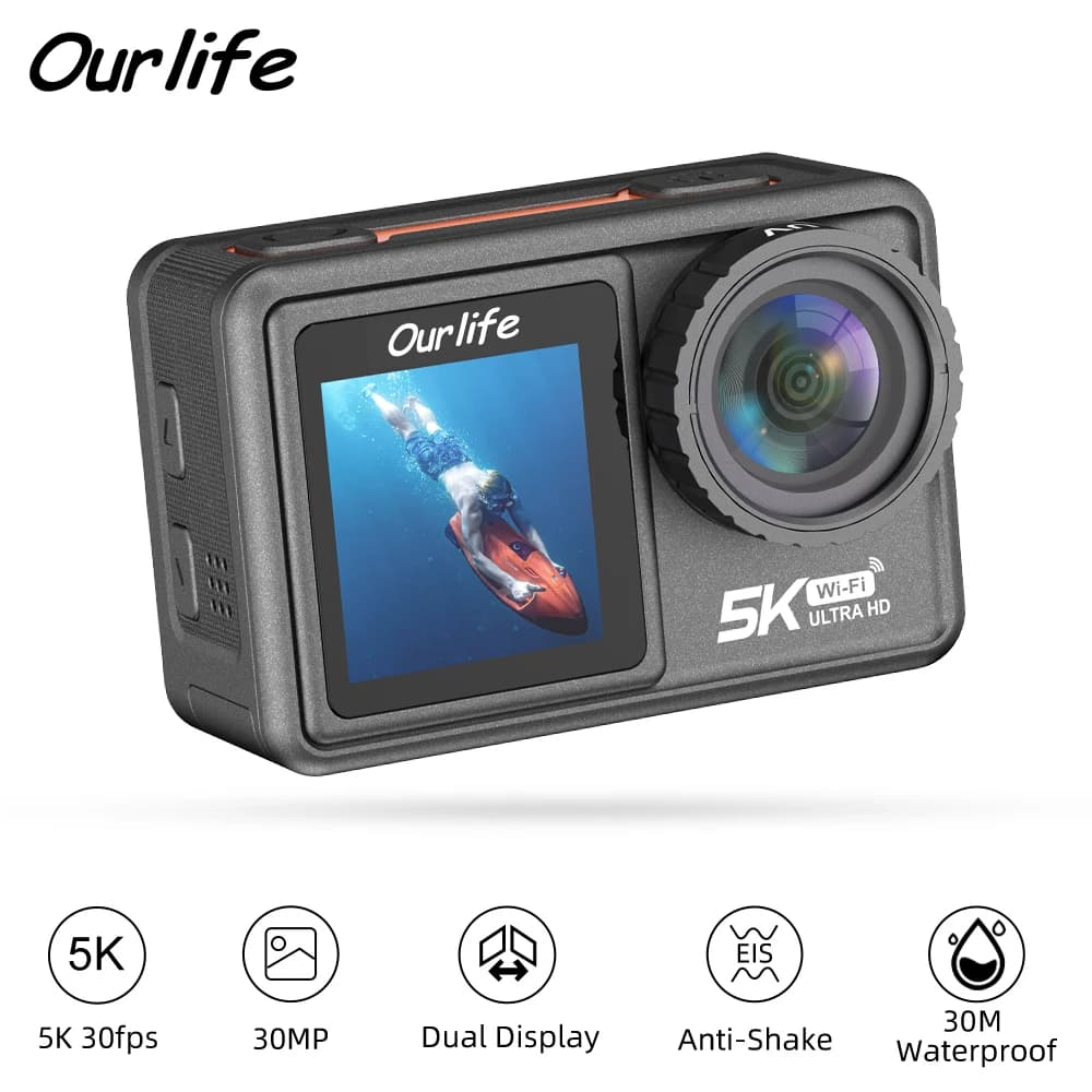 Ourlife Action Camera 5K30FPS EIS 2.0 inch IPS double screen 30M waterproof WiFi 5X Zoom sports camera helmet with remote control
