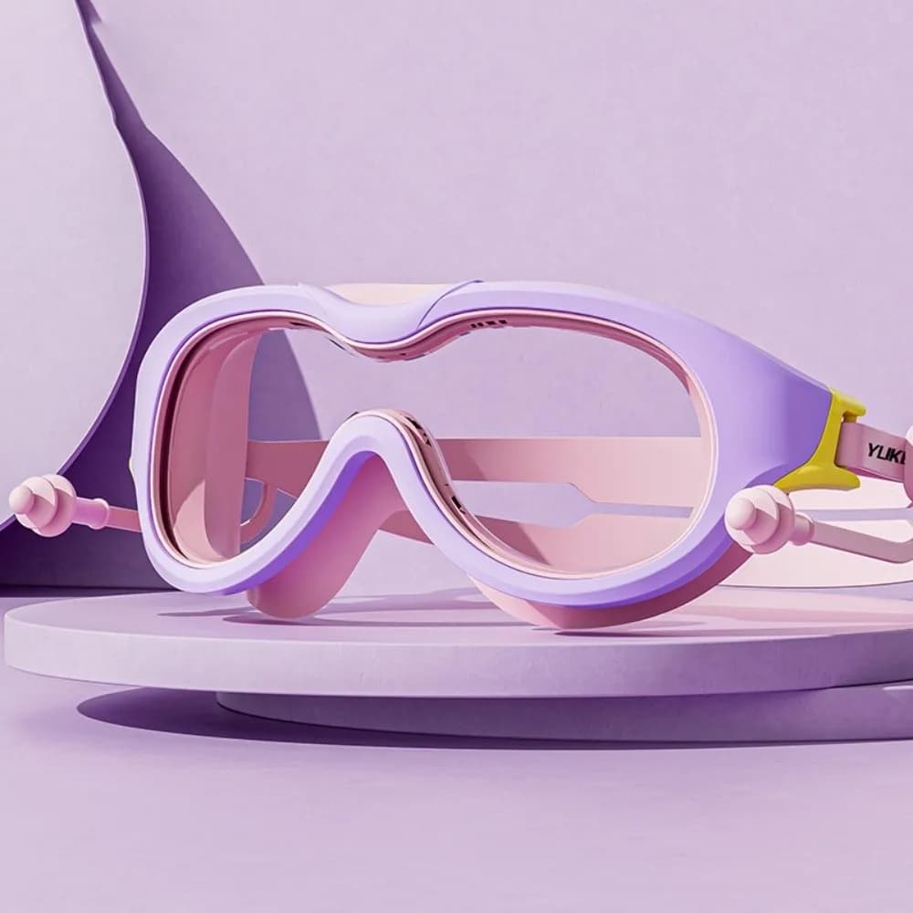 Anti-Shattered Large Frame Swim Goggles with Ear Plug Anti Fog Swimming Goggles PC Glass Wide View Diving Goggles Set Children
