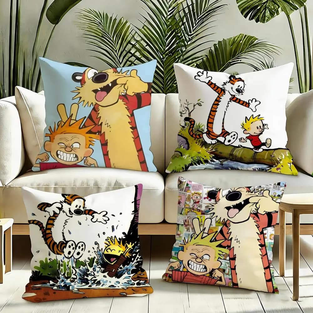 Cartoon C-Calvin and Hobbes Cute Cushion Cover Reversible Plush Pillow Cover Soft Fluffy Home Decor for Sofa Bedroom