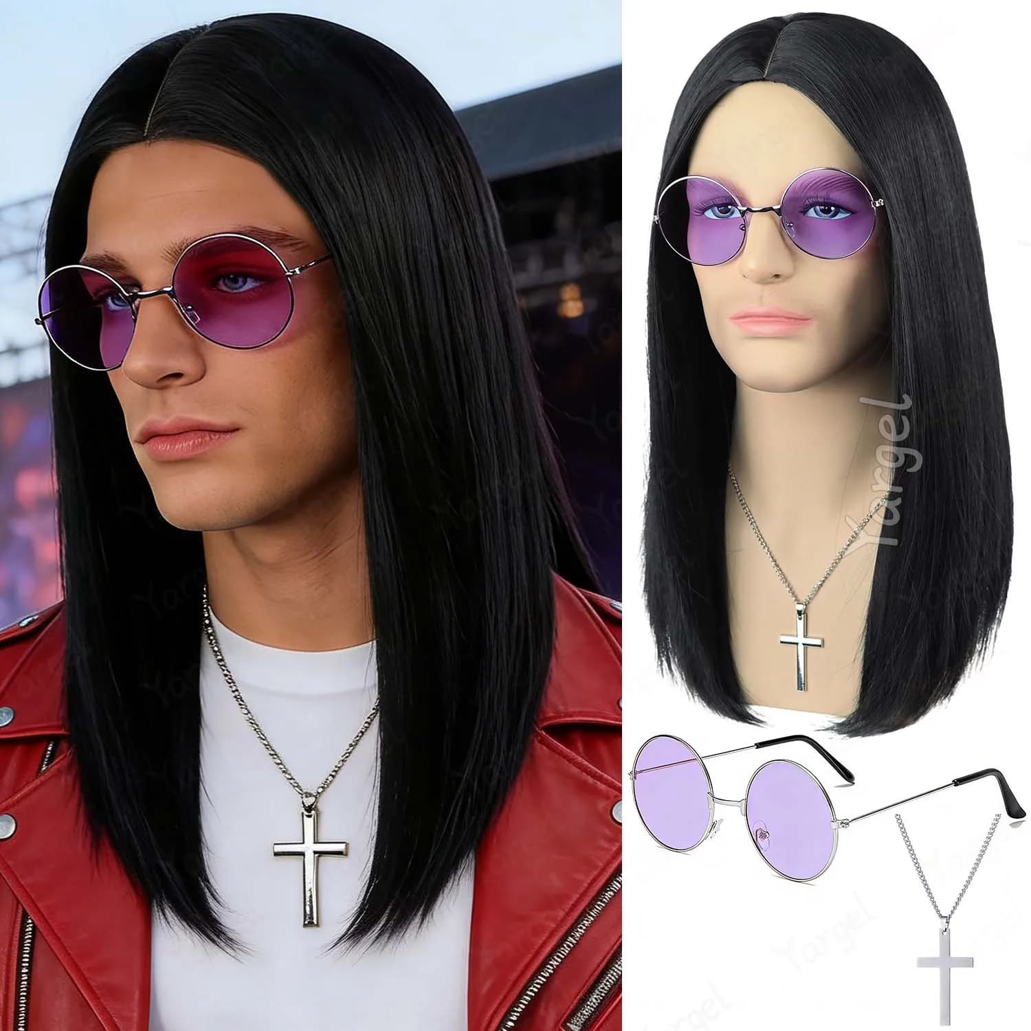 Parrucca Sintetica Lunga Nera Liscia per Uomo + Collana a Croce e Occhiali Viola 18\" Parrucca Rocker Anni '80 per Halloween e Cosplay