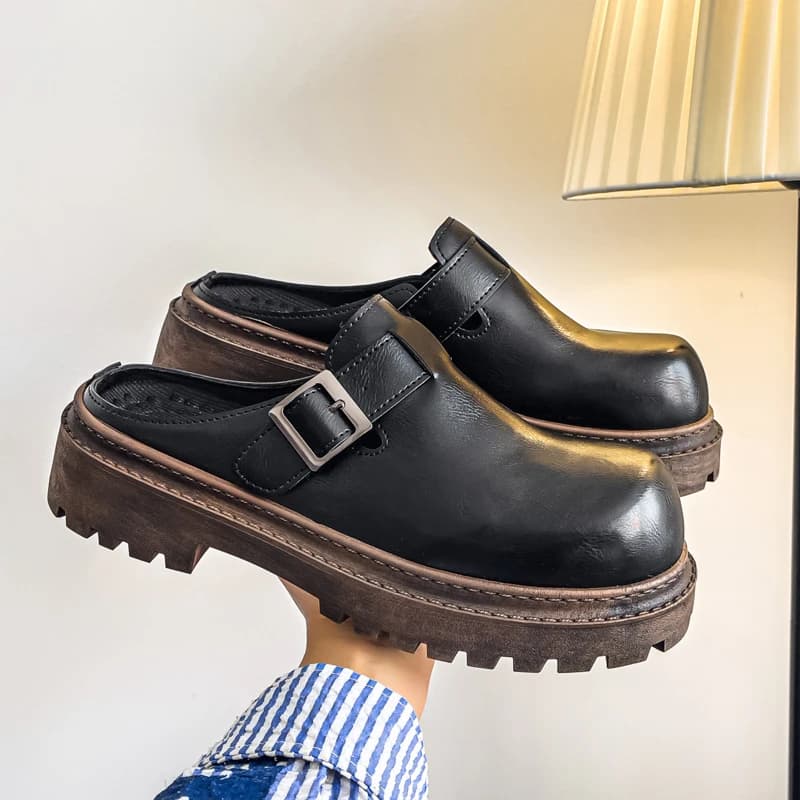 Ciabatte con fondo spesso Mezze scarpe da uomo per uomo Piattaforma in pelle da uomo Semi-Drag Scarpe casual Mocassini senza schienale Pantofole Scivoli maschili