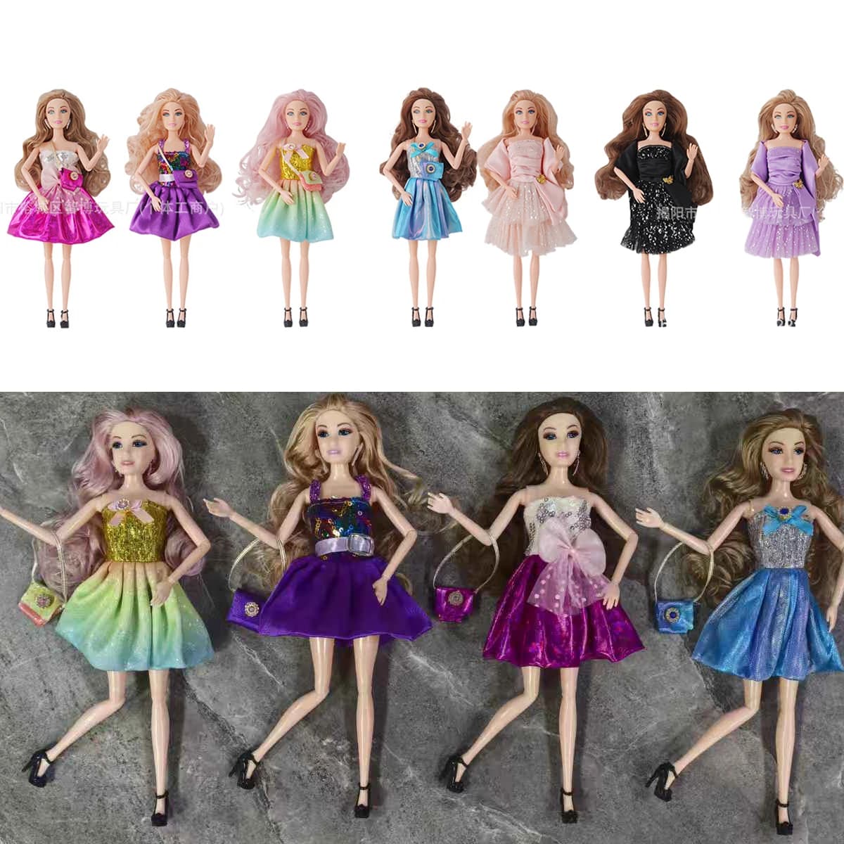 Abito da principessa rosa/viola con paillettes, dolce e da sogno, abito da sera alla moda per bambole supermodella Babi Xianxian 1/6, accessori per vestiti.