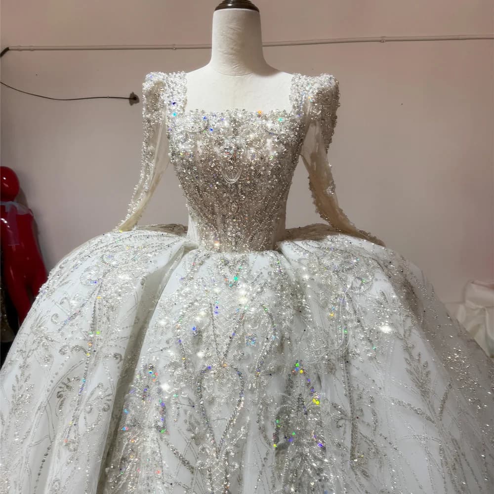 Vestido Boda Abito civile Colletto quadrato Manica lunga Con lacci sul retro Abiti da sposa personalizzati