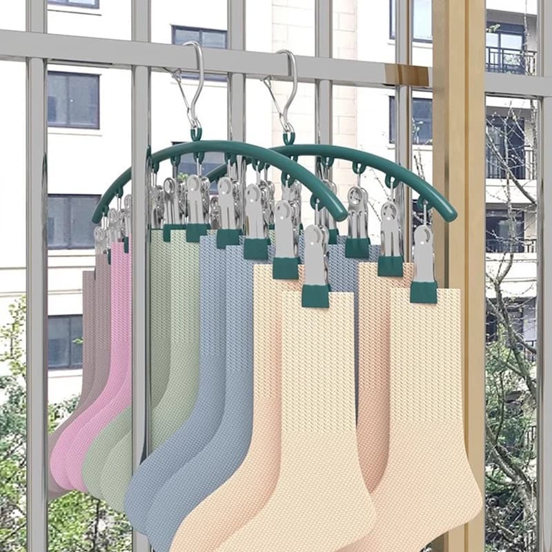 Stainless steel space saving bow rack with 10 windproof and non-slip clips for socks, underwear and towels