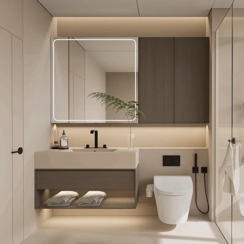 Pratico Mobile da Bagno in Legno Massello Senza Vernice con Ante e Specchio