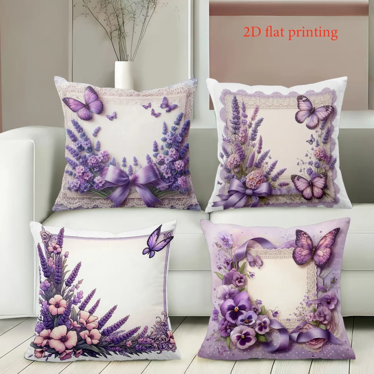 Stampa piatta 2D Cuscini decorativi con motivo lavanda e farfalla Federa in poliestere, cuscino decorativo per divano