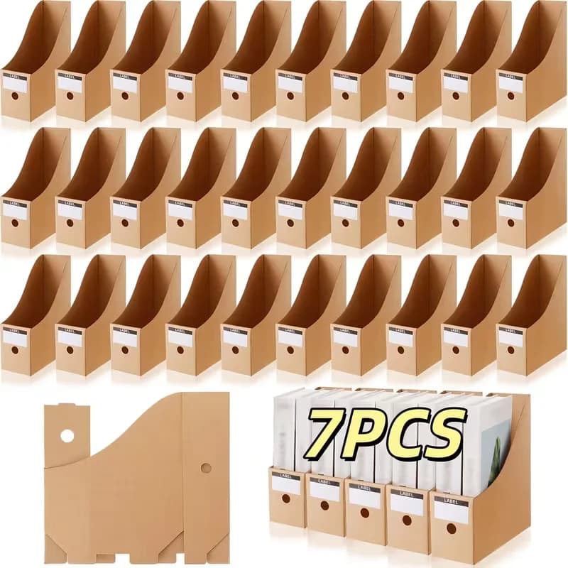 Set di 7 Portariviste in Cartone Marrone, Organizzatori per Libri e Riviste, Contenitori per Scrivania, Scaffali, Scuola e Ufficio, Contenitori Verticali per Libri e Uso Bibliotecario